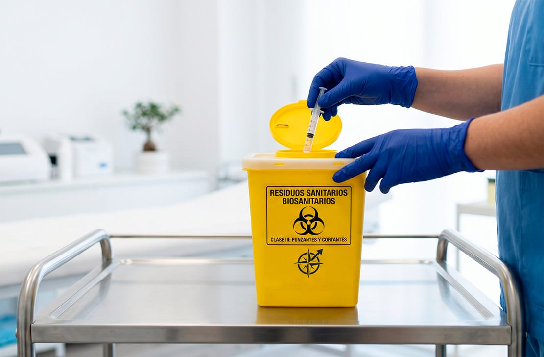Recogida de residuos biosanitarios Clase III – INSA des Profesional sanitario depositando aguja en contenedor amarillo homologado de INSA des en Galicia